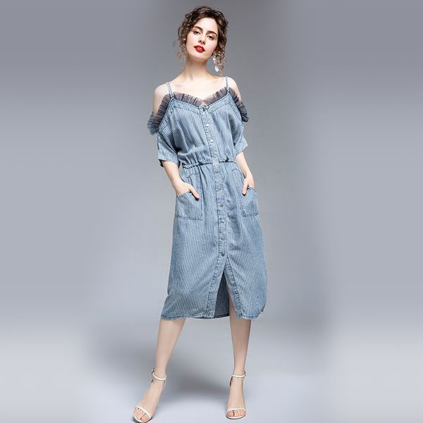 

l xl xxl new summer 2020 women long jeans dress short sleeve blue cotton denim off shoulder striped straight mid calf casual lady, Black;gray