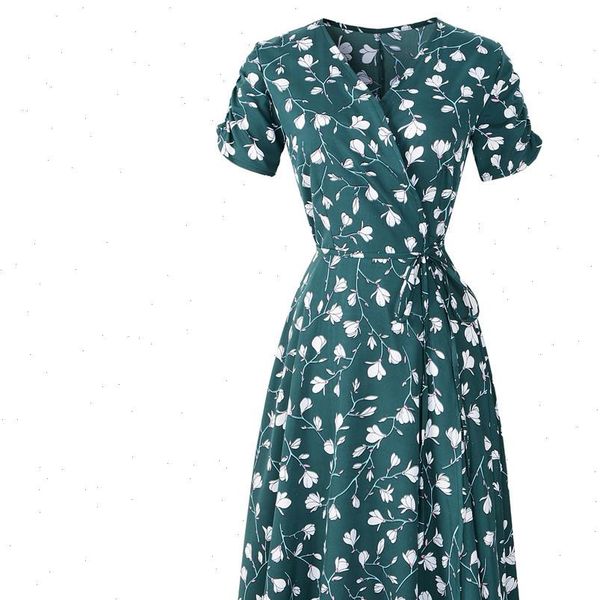 

38 women v neck office dress holiday floral print dress women summer 2021 ladies short sleeve party dress vestidos femme, Black;gray