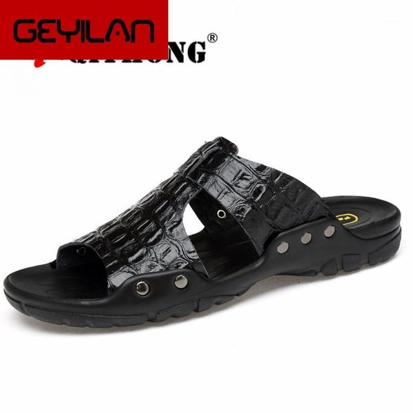 

genuine leather slippers men summer sandals breathable designer stylish shoes real leather seaside beach flats1, Black