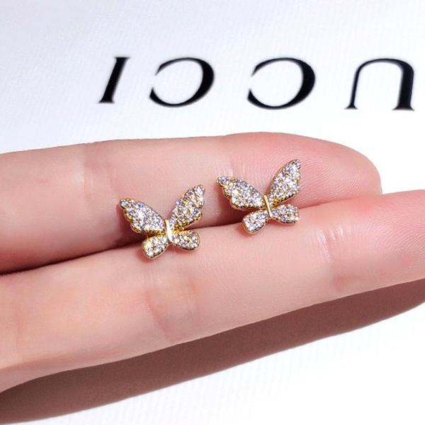 Stud Fashion 14K Real Gold Orecchini a farfalla affascinanti per le donne Temperamento Gioielli di alta qualità Zircone S925 Ago d'argento