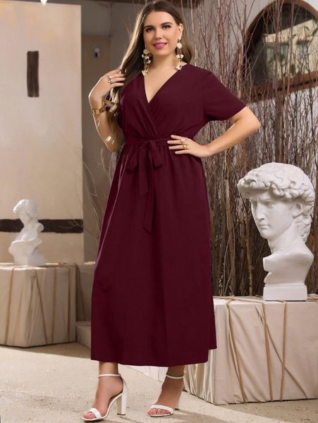 

plus surplice front belted dress a0hx#, Black
