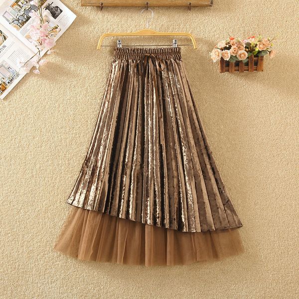 

2021 new irregular skirts womens korean elegant mesh lace veet high waist midi long female pleated skirt casual vestidos 337 v3gg, Black;gray