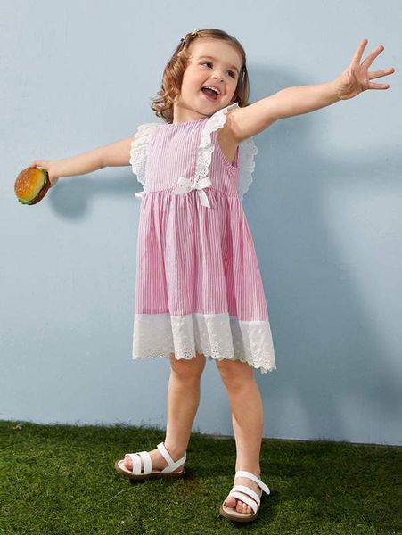 

toddler girls contrast schiffy trim striped smock dress she, Red;yellow