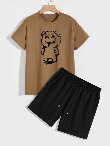 

men cartoon graphic tee & shorts set k7sr#, Gray