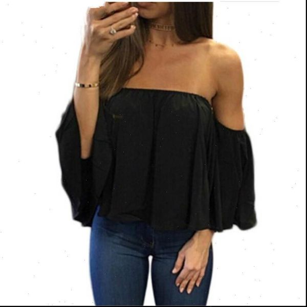 

5xl new womens fashion 2021 women summer chiffon blouse off shoulder flare sleeve casual black white plus size