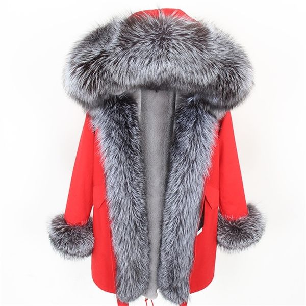 

natural real ladies long silver fox collar women winter parka women's jacket fur coat 201212, Black