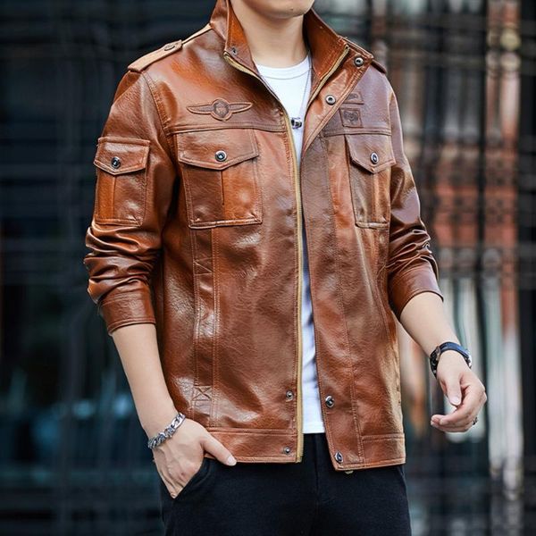 

men 2021 pu leather jacket motorcycle jacket vintage biker coat retro male zipper winter plus velvet fashion bomber, Black