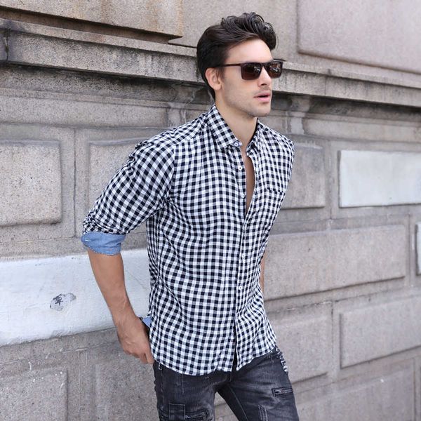 

large new men's long sleeve plaid casual no iron spring and autumn shirt fashion, White;black