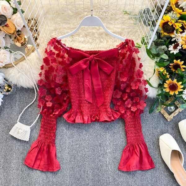 

french girls court style female super fairy sweet three dimensional flower blouse gauze puff sleeve short shirt, White