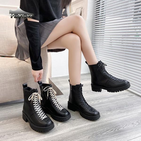 

boots 2021 winter british thick-soled short leather women's shoes increased thick heel bootsnob92211, Black