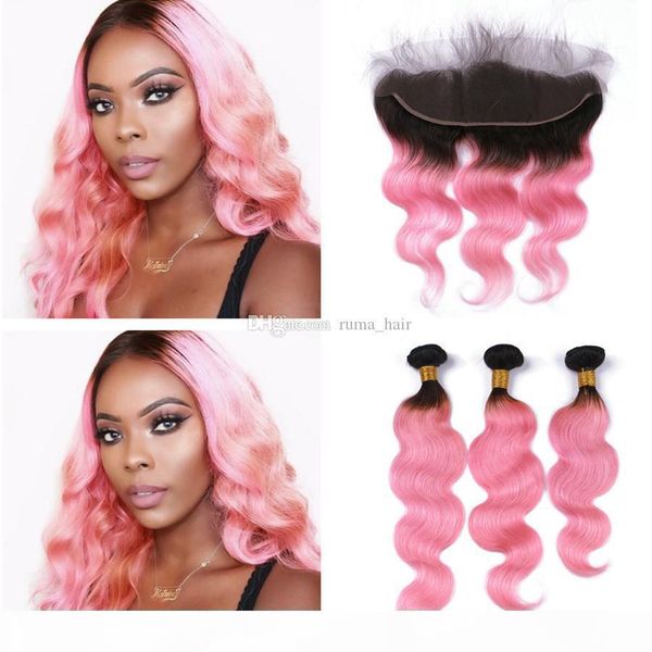 

two tone 1b pink ombre body wave human hair weaves with lace frontal closure brazilian human virgin hair pink lace frontal with bundles, Black;brown