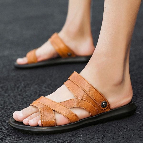 

Men's Sandals gnuine Leather Men Summer Sandals Shoes Leisure Slippers Flip-Flops Men Comfortable Footwear outdoor Soft Sandals #XC5q, Black