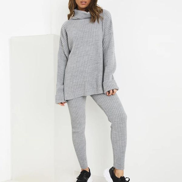 

running sets vertive women sports knit set fashion loose long sleeve turtleneck sweater solid color pants warm leisure1, Black;blue