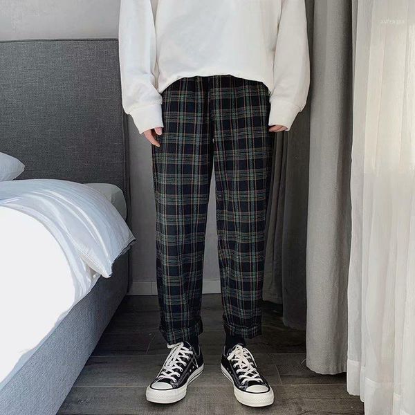 

men women korean green plaid casual pants 2021 mens streetwear harem pants male checkered trousers plus size1, Black