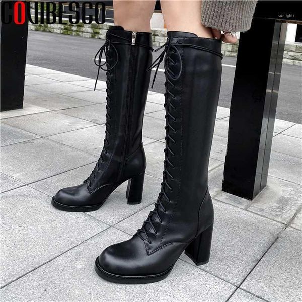 

boots covibesco est cross-tied women knee-high genuine leather shoes woman autumn winter high heels long 2021 fashion1, Black