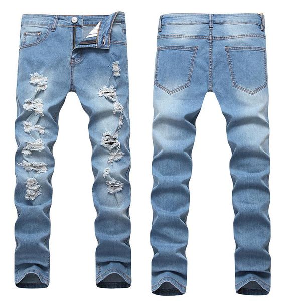 

men's jeans ripped distressed moto bike vintage jean plus size hip hopdesig straight 2021 fashion brand, Blue