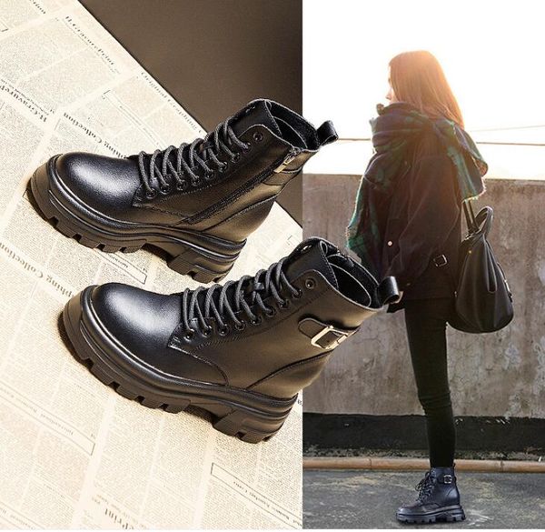 

2020 autumn and winter new thick-soled inner increase warmth ankle side zipper women's leather boots, Black