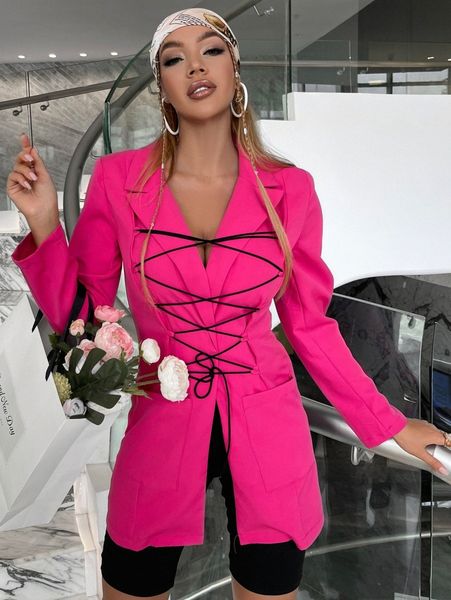 

glamaker pocket front lace up blazer j12m#, White;black