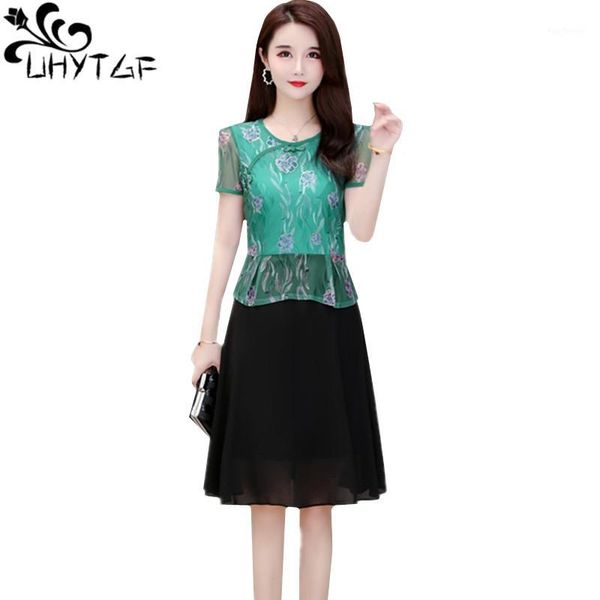 

uhytgf fashion women 5xl plus size dress vintage chiffon cheongsam summer dress fake two-piece slim female elegant dresses 8141, Black;gray