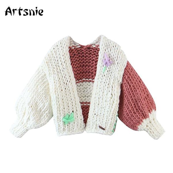 

artsnie vintage patchwork cardigans women winter v neck lantern sleeve warm pull femme streetwear oversized cardigans sweaters, White