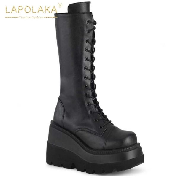 

lapolaka new fashion comfy warm shoes woman boots wedges high heels platform add fur lace-up solid knee-high boots winter, Black
