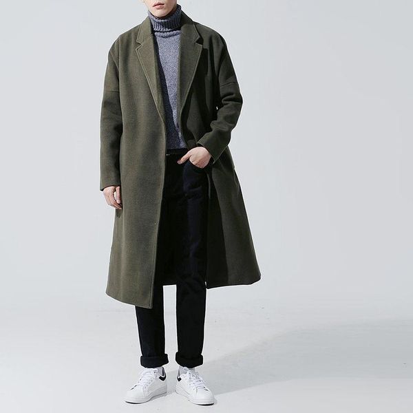 

men's trench coats coat 2021 autumn winter slim pure color wool long casual fashion personality youth wear, Tan;black