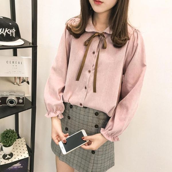

2020 new spring stylish corduroy turn-down collar lace up long sleeve women casual shirt college style1, White