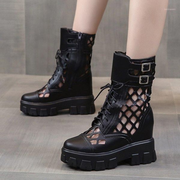

rimocy chunky platform summer ankle boots for women black pu leather hollow out motorcycle boots woman height increasing botas1