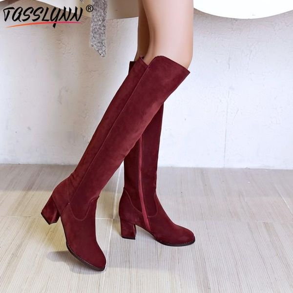 

tasslynn 2020 nubuck riding women boots fashion round toe knee high shoes winter square high heels zipper women shoes size 34-43, Black