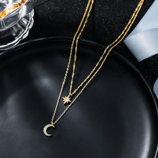 

micro pave cubic zircon star moon mecklace double layed clavicle chain necklace women jewelry fashion birthday gift, Silver