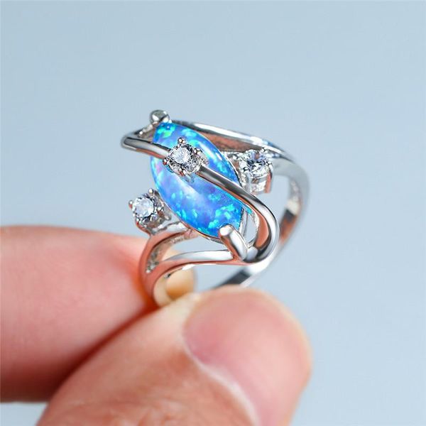 

wedding rings charm female blue leaf opal jewelry classic silver color for women round crystal stone engagement ring, Slivery;golden