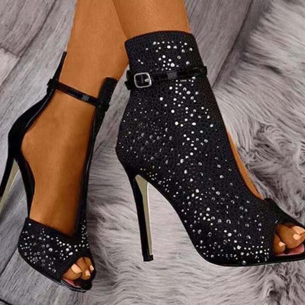 

karin fashionable lady shoes brand design party women pumps peep toe ankle straps ultra high thin heels, Black