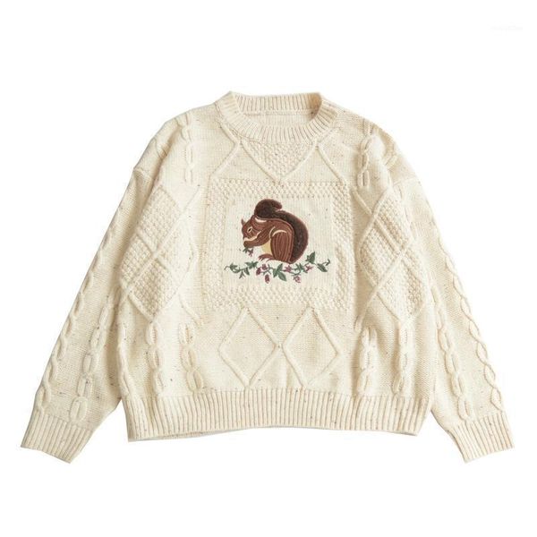 

japanese mori college vintage childlike cute squirrel embroidered o-neck loose loose thick sweater girl autumn winter sweater1, White;black