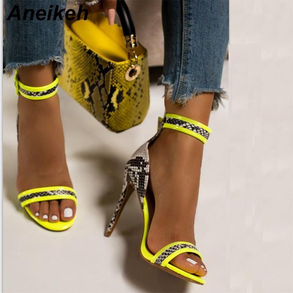 

aneikeh new новизна женщины сандалии серпантин thin высокие каблуки основные пряжки ремень голеностопного венчания партии леди обувь желтый, Black