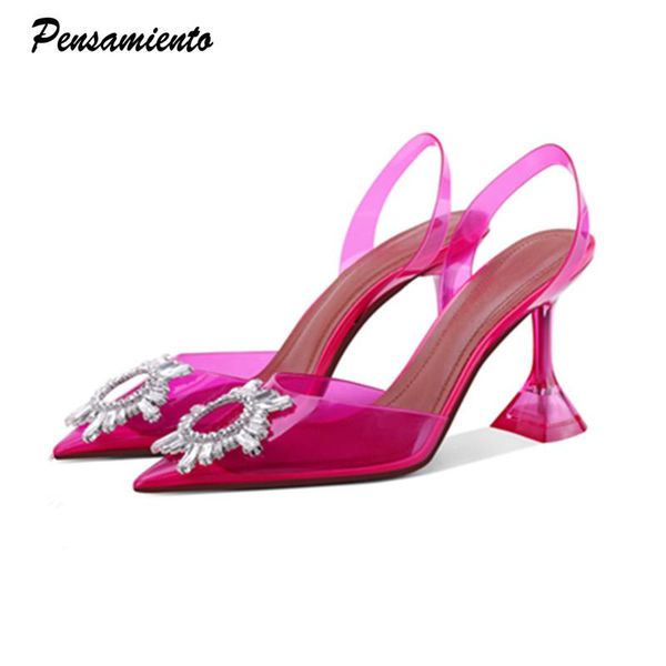 

candy colors women pumps elegant pointed toe slingback summer office lady shoes fashion crystal high heel wedding dress shoes, Black