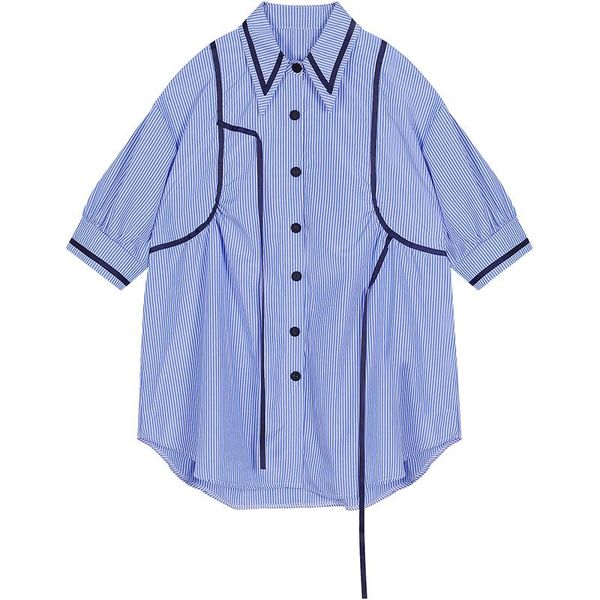 

blue vertical stripe shirt women summer loose casual splice design vintage mid-long shirt dress female streetwear blouse, White
