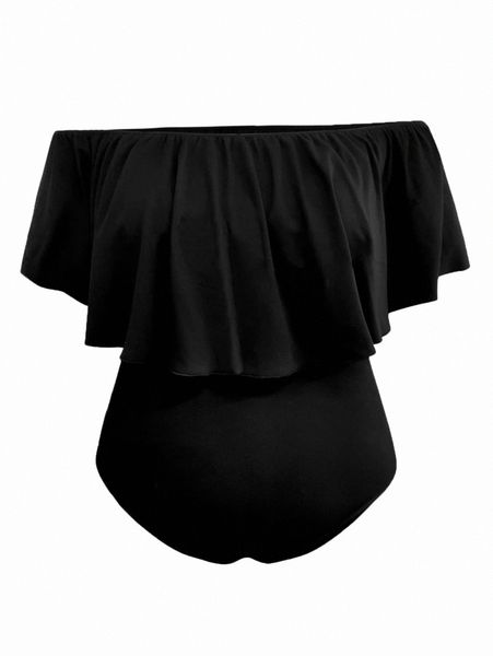 

plus off the shoulder ruffle trim bodysuit 01zm#, Black