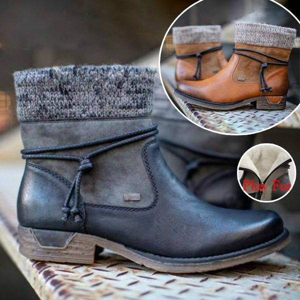 

women boots 2020 winter warm ankle boots vintage lace up ladies snow knitted patchwork zip up casual female shoes, Black