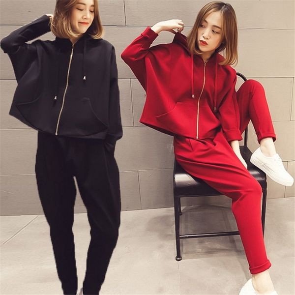 

ftbqv autumn korean sister fat style loose large size hooded sweater waist sweaterhigh sweater slimming harem pants fashion casual two-piece, Gray