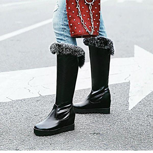 

mid calf boots platform wedges 8cm heels women shoes black red white fashion slip on ladies warm fur winter boots plus size 43