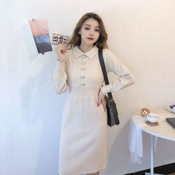 

ветер 2020 осень зима новый dresswool dresswomen вязание платье отворотом сплошной цвет средней длины высокого класса шерстяное платье для ж, Black;gray