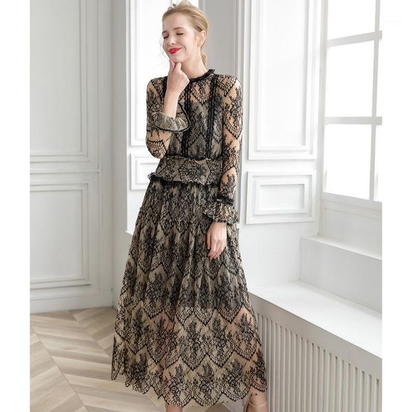 

casual dresses runway design vintage slim a-line women luxury lace elastic draped waist elegant ruffles long dress1, Black;gray