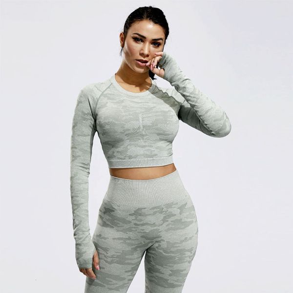 

fitness camouflage sports long sleeve tight seamless yoga dress female, Gray