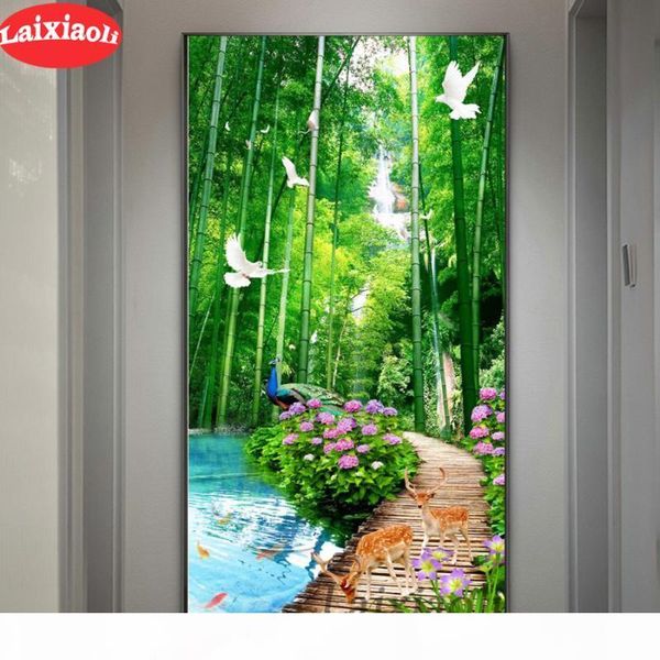 

diy diamond painting green bamboo forest scenery picture rhinestones embroidery birds diamond mosaic corridor aisle large decor