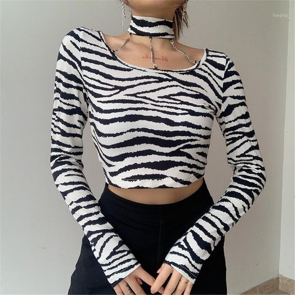 

spring autumn women stylish long sleeve zebra stripe tunic fashion crop shopping daily wear fashion casual halter t shirts1, White