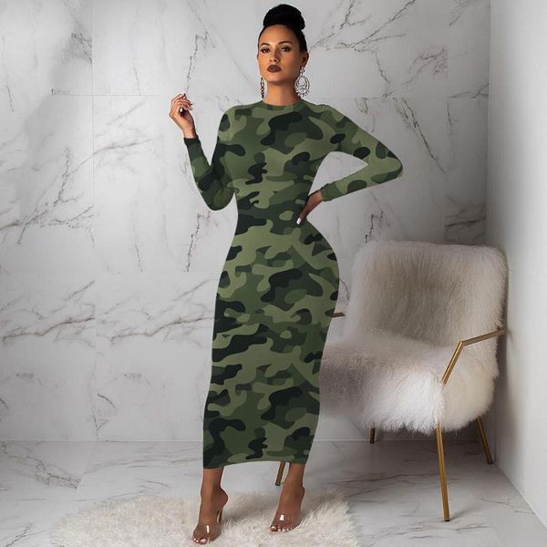 

casual dresses women camouflage tight long dress autumn winter long-sleeved round neck for, Black;gray
