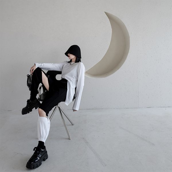 

[eam] high waist black hollow out long wide leg trousers new loose fit pants women fashion tide spring summer 13t510 201109, Black;white