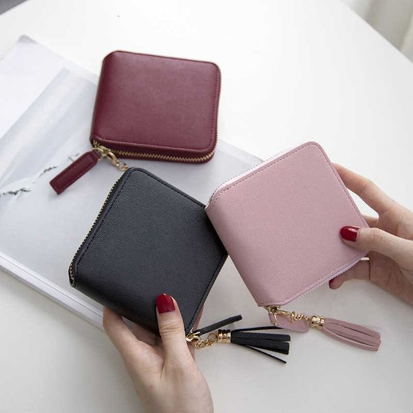 

new women tassel small wallets ladies pu leather purse short coin bag clutch women's zipper card holder money simple wallet, Red;black