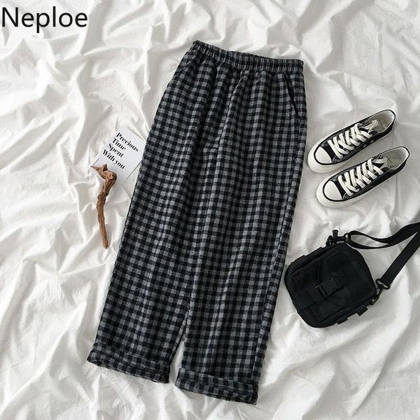 

neploe women plaid retro pants pockets elastic high waist korean 2019 long trousers korean straight leisure loose pants 564381, Black;white