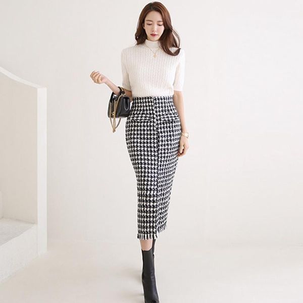 

luxury designer short sleeve knit sweater new autumn winter elegant women split tassel tweed skirt two piece skirt set1, Gray